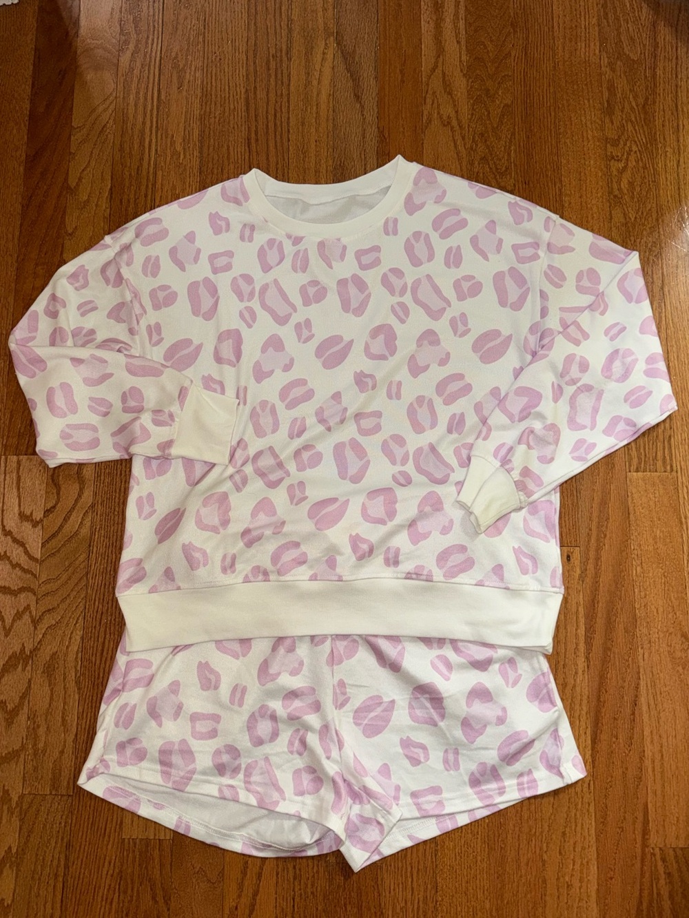 NWOT Pink Leopard Print Pajama Set - Long Sleeve Top & Drawstring Shorts. Size M